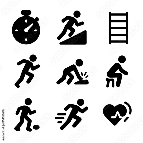 Athletic Training Icons. Solid, filled icons set of short burst training: interval timer, uphill sprint, speed