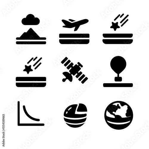 Atmosphere Layers Icons. Solid, filled icons set of Earth and space atmosphere layers: troposphere,
