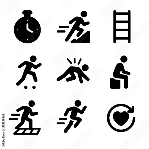 Athletic Training Icons. Solid, filled icons set of short burst training: interval timer, uphill sprint, speed