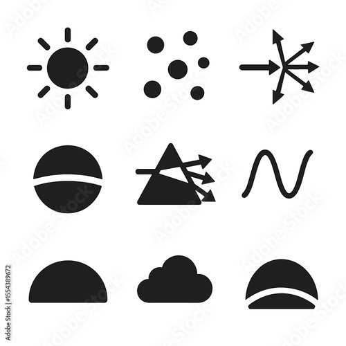 Atmospheric Scattering Icons. Solid, filled icons set of atmospheric light scattering: sunlight icon, air