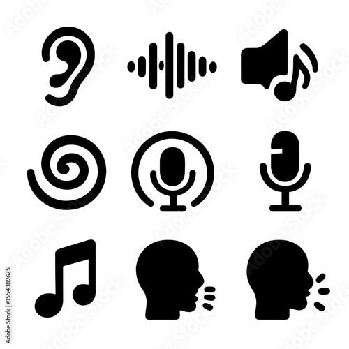 Auditory Learning Icons. Solid, filled icons set of auditory learning style: ear icon, audio wave, speaker