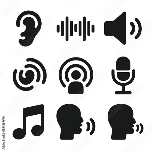 Auditory Learning Icons. Solid, filled icons set of auditory learning style: ear icon, audio wave, speaker