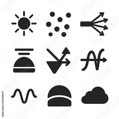 Atmospheric Scattering Icons. Solid, filled icons set of atmospheric light scattering: sunlight icon, air
