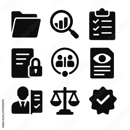 Auditing Icon Collection. Solid, filled icons set of transparent reporting and auditing: open report folder,