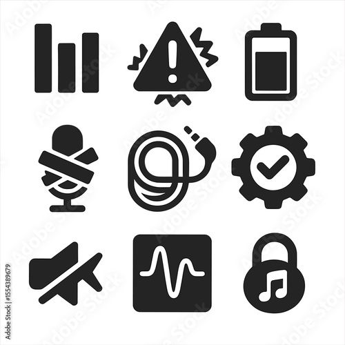 Audio Safety Icons. Solid, filled icons set of audio safety and checks: volume meter, distortion alert,
