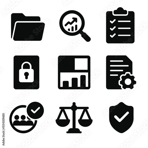Auditing Icon Collection. Solid, filled icons set of transparent reporting and auditing: open report folder,