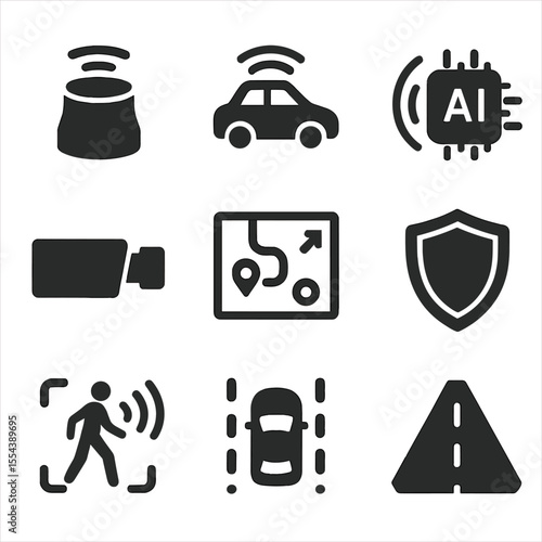 Autonomous Vehicle Icons. Solid, filled icons set of autonomous vehicles: lidar sensor, self-driving car,