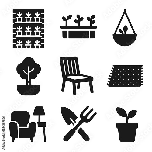 Balcony Garden Ideas. Solid, filled icons set of balcony and patio plant ideas: vertical garden, balcony herbs
