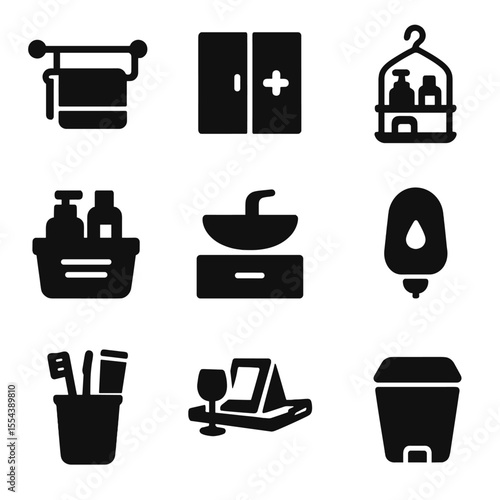 Bathroom Storage Icons. Solid, filled icons set of bathroom storage: towel shelf, medicine cabinet, shower