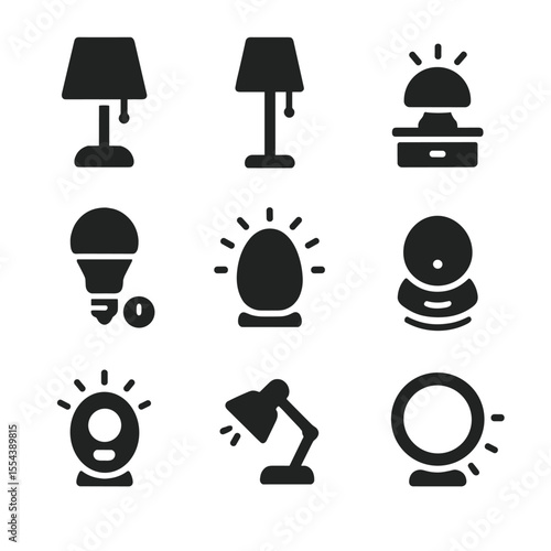 Bedroom Lighting Icons. Solid, filled icons set of bedroom lighting: bedside lamp, floor lamp, nightstand