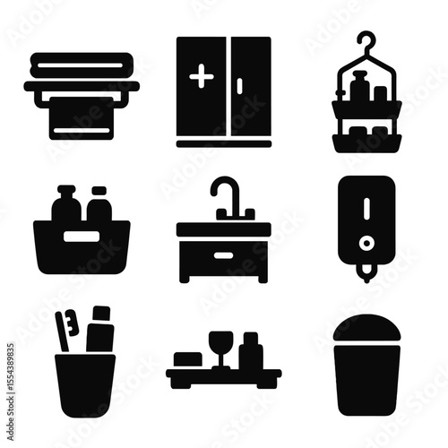 Bathroom Storage Icons. Solid, filled icons set of bathroom storage: towel shelf, medicine cabinet, shower