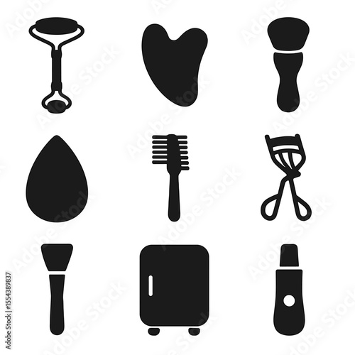 Beauty Tools Icons. Solid, filled icons set of beauty tools and gadgets: facial roller, gua sha tool,