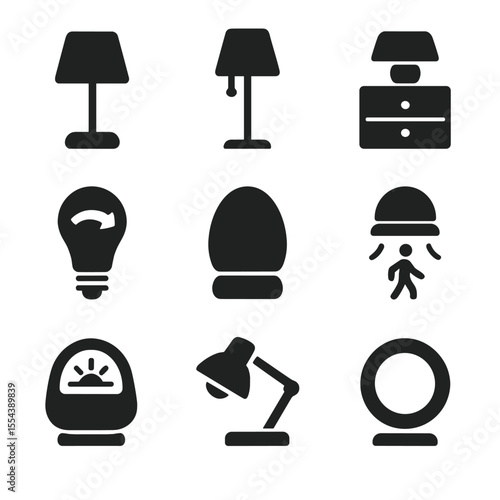 Bedroom Lighting Icons. Solid, filled icons set of bedroom lighting: bedside lamp, floor lamp, nightstand