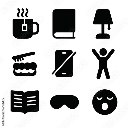 Bedtime Routine Icons. Solid, filled icons set of bedtime routines: warm tea, book icon, dim lamp, brushing