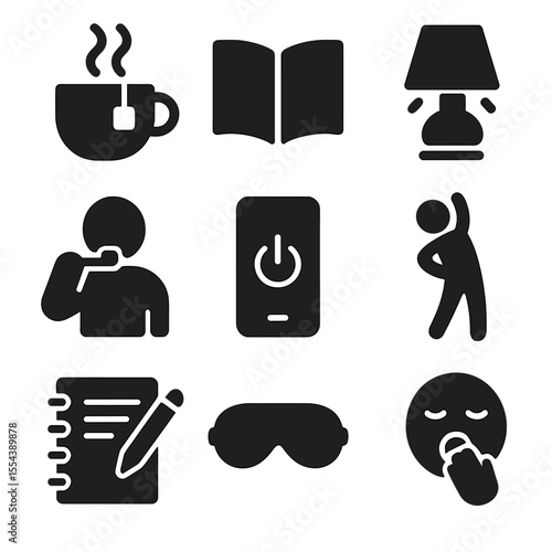 Bedtime Routine Icons. Solid, filled icons set of bedtime routines: warm tea, book icon, dim lamp, brushing