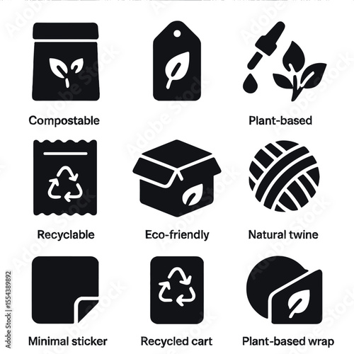 Biodegradable Packaging Icons. Solid, filled icons set of biodegradable packaging: compostable mailer, paper