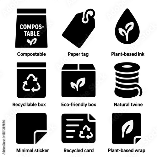 Biodegradable Packaging Icons. Solid, filled icons set of biodegradable packaging: compostable mailer, paper