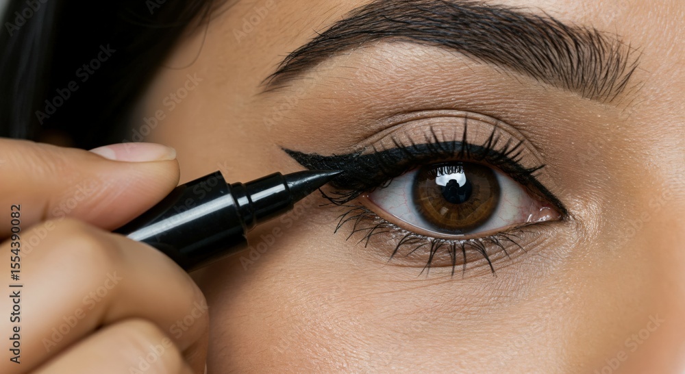 Naklejka premium Close-Up of Young Woman Applying Eyeliner with Precision in a Beauty Routine