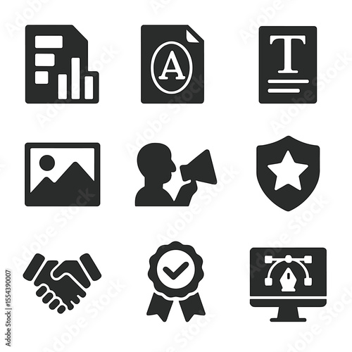 Brand Guidelines Icons. Solid, filled icons set of brand guidelines: brand colors, logo usage, typography,