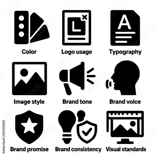 Brand Guidelines Icons. Solid, filled icons set of brand guidelines: brand colors, logo usage, typography,