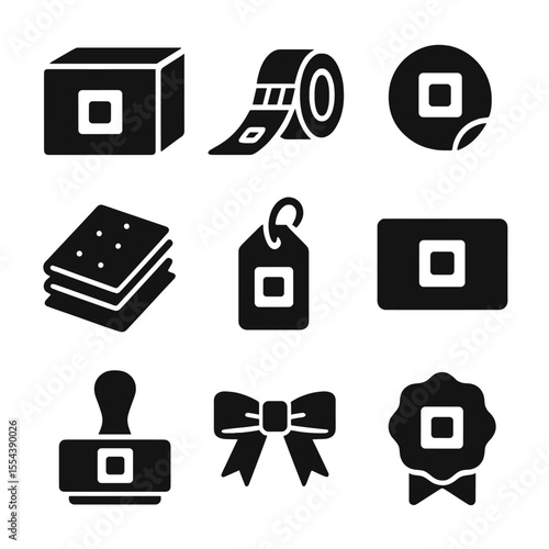 Branded Packaging Icons. Solid, filled icons set of branded packaging: logo box, custom tape, branded sticker,