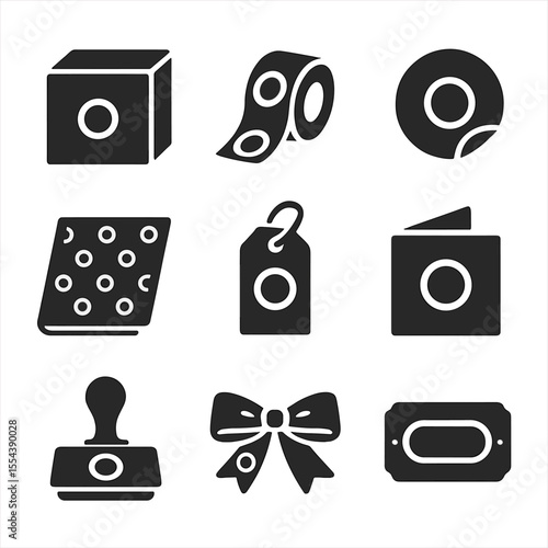 Branded Packaging Icons. Solid, filled icons set of branded packaging: logo box, custom tape, branded sticker,