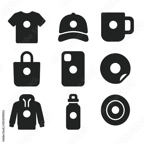 Branded Merchandise Icons. Solid, filled icons set of branded merchandise: T-shirt, hat, mug, tote bag, phone