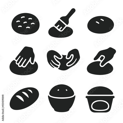Bread Shaping Icons. Solid, filled icons set of bread shaping: dimpled dough, oil brush, dough rest, hand