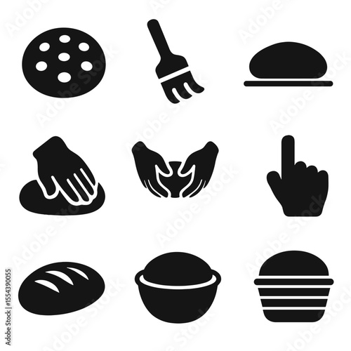Bread Shaping Icons. Solid, filled icons set of bread shaping: dimpled dough, oil brush, dough rest, hand