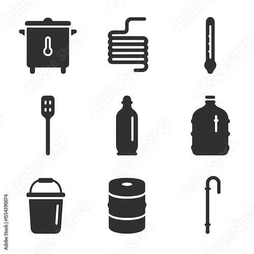 Brewing Equipment Icons. Solid, filled icons set of brewing equipment and tools: mash tun, wort chiller,