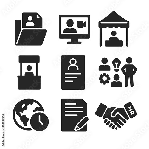 Career Preparation Icons. Solid, filled icons set of international career prep: resume folder, video interview