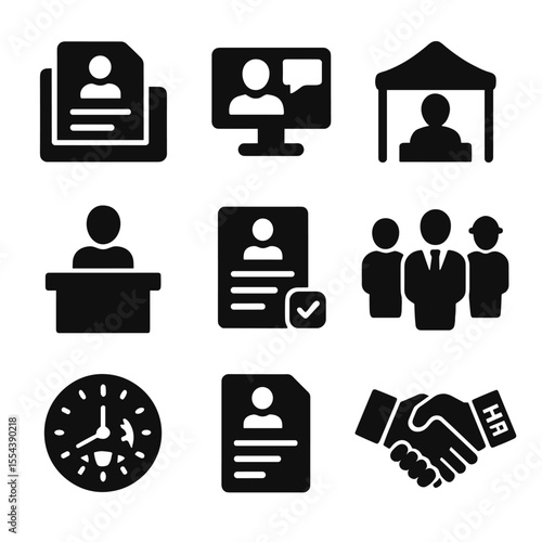 Career Preparation Icons. Solid, filled icons set of international career prep: resume folder, video interview