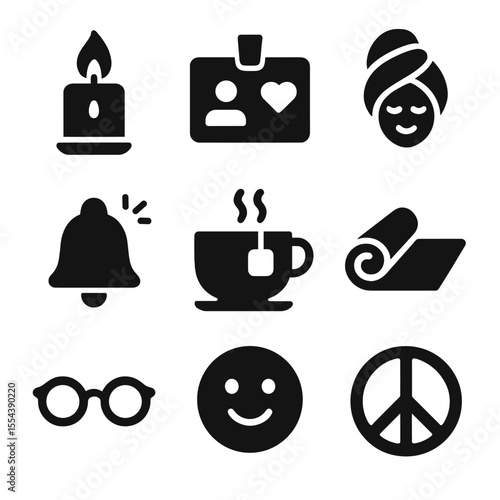 Caregiver Burnout Prevention Icons. Solid, filled icons set of caregiver burnout prevention: relaxation candle