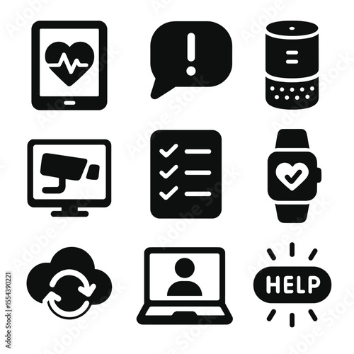 Caregiving Tech Icons. Solid, filled icons set of caregiving tech tools: tablet with health app, reminder