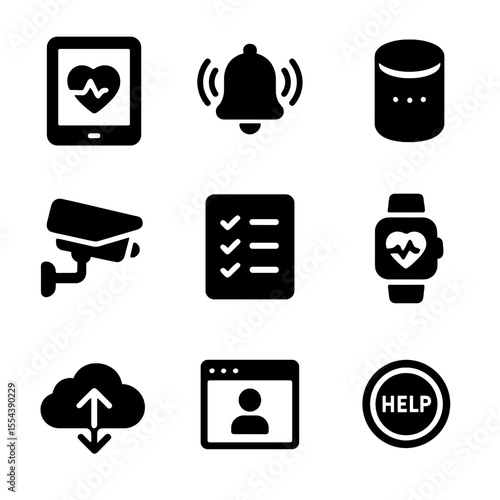 Caregiving Tech Icons. Solid, filled icons set of caregiving tech tools: tablet with health app, reminder
