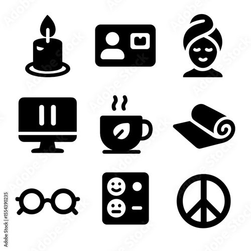 Caregiver Burnout Prevention Icons. Solid, filled icons set of caregiver burnout prevention: relaxation candle