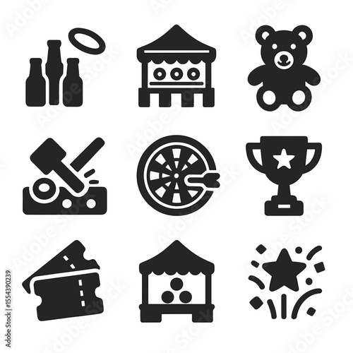 Carnival Games Icons. Solid, filled icons set of fun games and prizes: ring toss, game booth, stuffed toy,
