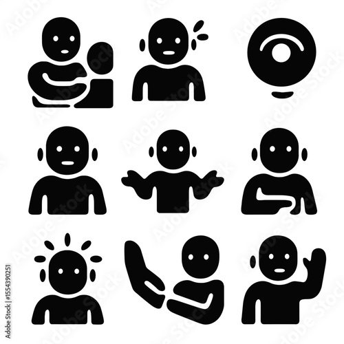 Caring Robot Icons. Solid, filled icons set of caring robot gestures: comforting touch, supportive nod, soft