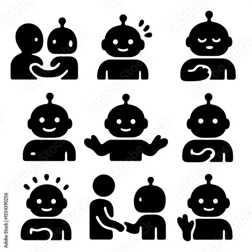 Caring Robot Icons. Solid, filled icons set of caring robot gestures: comforting touch, supportive nod, soft