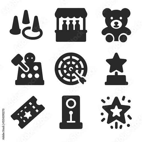 Carnival Games Icons. Solid, filled icons set of fun games and prizes: ring toss, game booth, stuffed toy,