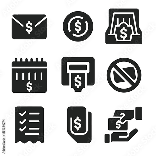Cash Management Icons. Solid, filled icons set of using cash-based systems: envelope system, cash-only icon,
