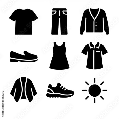 Casual Outfit Icons. Solid, filled icons set of casual weekend outfits: oversized tee, boyfriend jean, soft