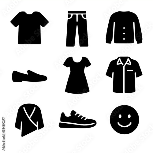Casual Outfit Icons. Solid, filled icons set of casual weekend outfits: oversized tee, boyfriend jean, soft