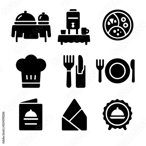 Catering Icon Set. Solid, filled icons set of conference catering and hospitality: buffet table, beverage