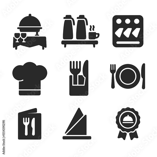 Catering Icon Set. Solid, filled icons set of conference catering and hospitality: buffet table, beverage