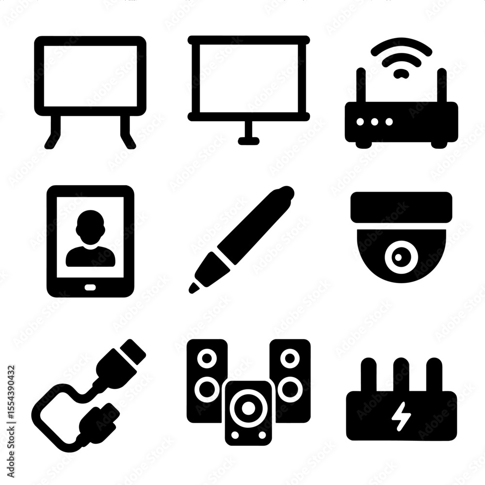 Classroom Tech Icons. Solid, filled icons set of classroom technology tools: smartboard icon, projector with Classroom Tech Icons. Solid, filled icons set of classroom technology tools: smartboard icon, projector with