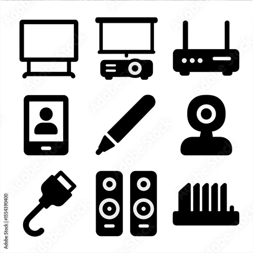 Classroom Tech Icons. Solid, filled icons set of classroom technology tools: smartboard icon, projector with
