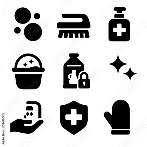 Clean Brewing Icons. Solid, filled icons set of clean-up and safe brewing practices: soap bubble, scrub brush,