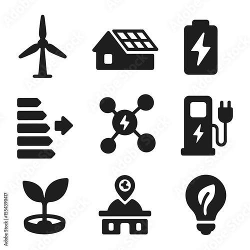 Clean Energy Icons. Solid, filled icons set of clean energy ventures: wind turbine, solar roof, battery