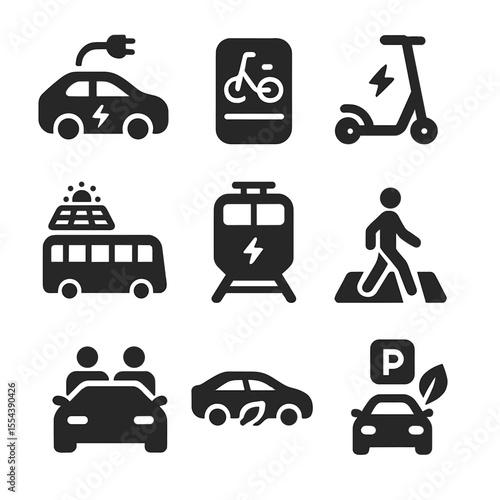 Clean Transport Icons. Solid, filled icons set of clean transportation options: electric car, bike lane,